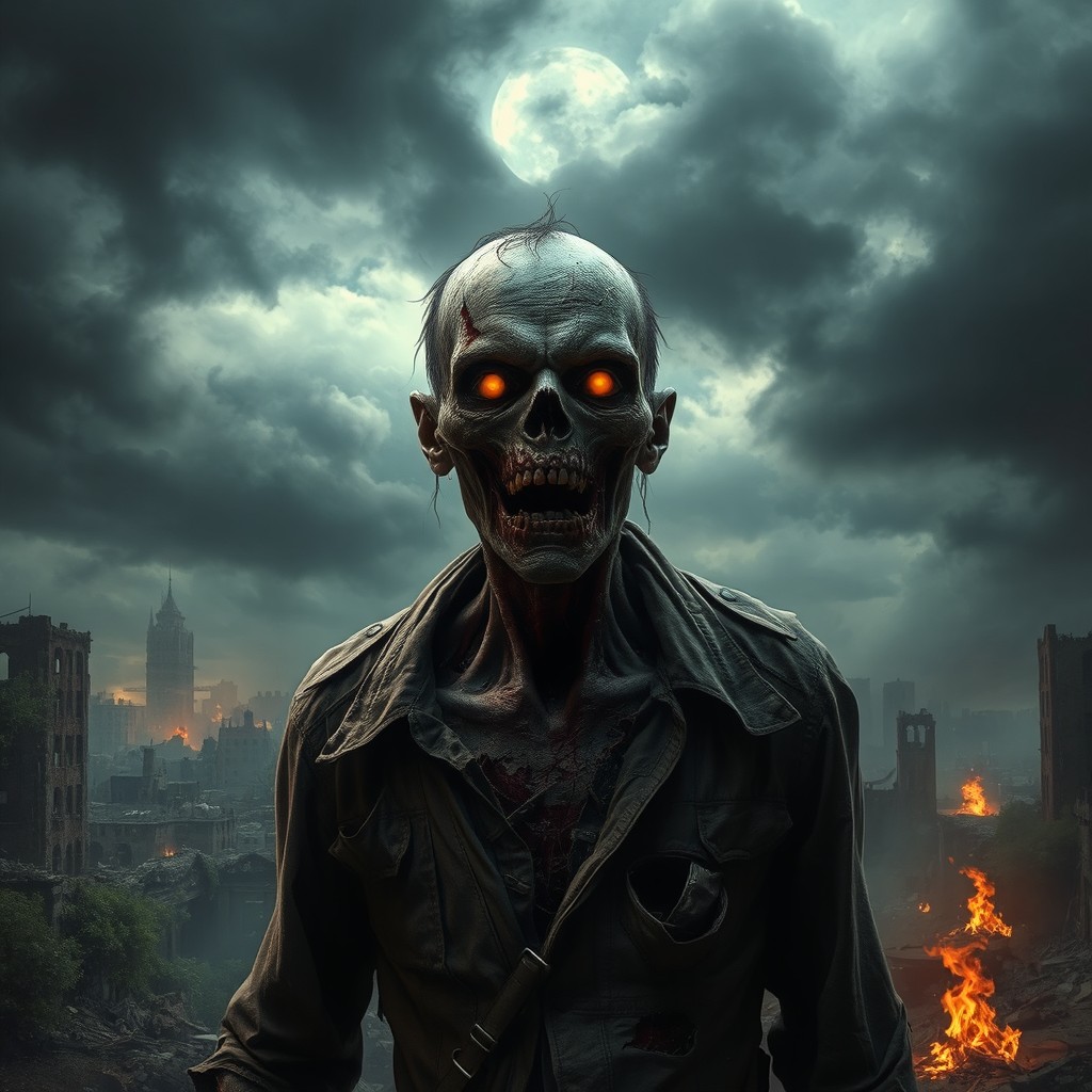 A dramatic and intense portrayal of a 'Zombie' in a post-apocalyptic cityscape
