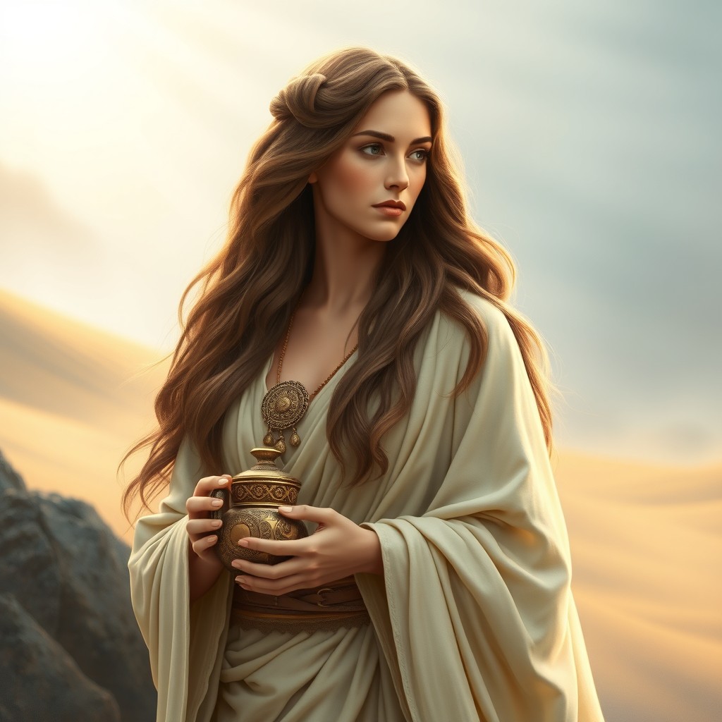 A beautiful and serene depiction of María Magdalena, also known as Mary Magdalene, portrayed as a woman with long flowing hair, dressed in elegant ancient robes
