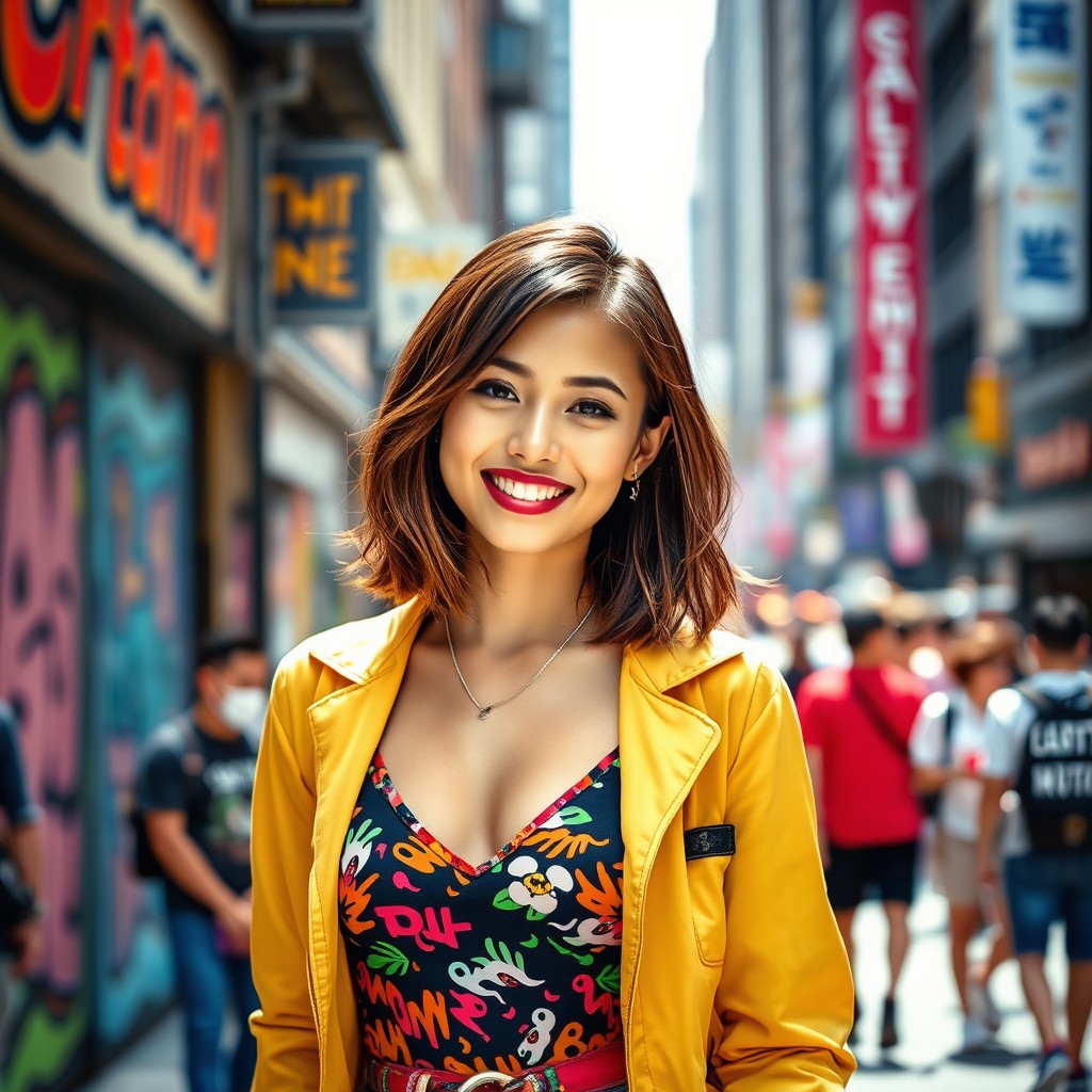 A dynamic and engaging portrait of a woman named Ana, depicted as a confident and modern individual with shoulder-length brown hair, wearing a stylish and colorful outfit that reflects contemporary fashion trends