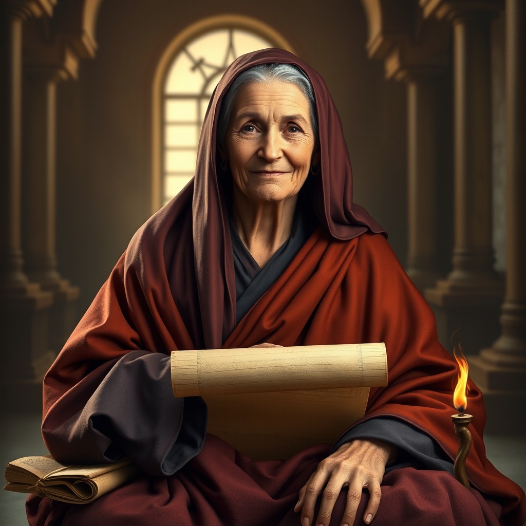 A majestic and respectful portrait of Ana from the Bible, depicted as a wise and elderly woman with a kind face, sitting in a tranquil setting