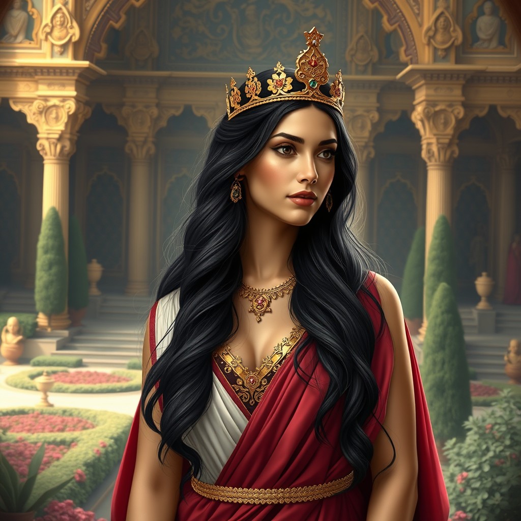 A beautiful and captivating portrayal of Esther from the Bible, standing elegantly in royal attire