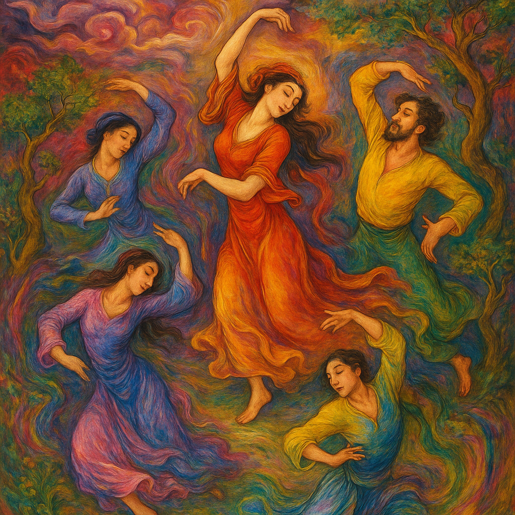 Dancers surrounded by swirling, vibrant colors—rich reds, purples, pinks, yellows, blues, and greens—that evoke a sense of movement and light. The style is reminiscent of Persian miniature painting, with a painterly, expressive quality.
The figures appear in the middle of the action, their bodies contracted in fluid motion. The background features swirling clouds and stylized winding trees, the composition is balanced, and the figures are not exactly centered, but interact in the central space. The overall perspective is almost like floating above or within the stage.
The lighting is striking, highlighting the faces and vibrant colors. The artwork is expressive and evocative of nature and human emotions.
