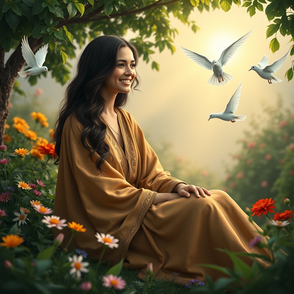 A biblical scene featuring Sara from the Bible, depicted as an elegant, serene woman in her mid-30s with long, wavy dark hair and a gentle smile, sitting in a lush garden filled with colorful flowers and greenery