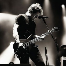 Jason Newsted, former Metallica bassist, passionately playing his bass guitar on a dramatically lit stage