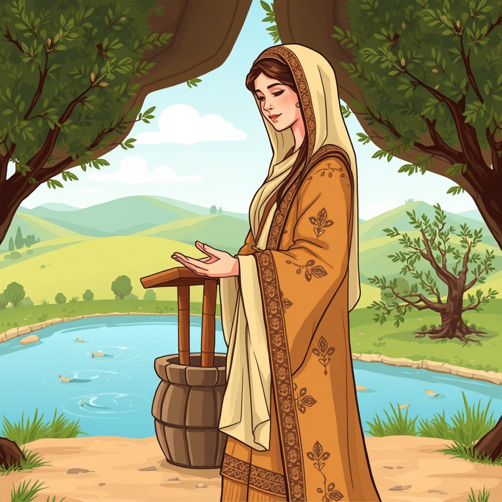 Illustration of Rebeca, the wife of Isaac from the Bible, depicted in a historical setting