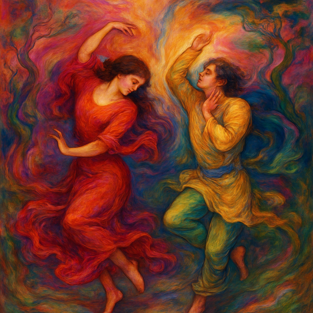 Dancers surrounded by swirling, vibrant colors—rich reds, purples, pinks, yellows, blues, and greens—that evoke a sense of movement and light. The style is reminiscent of Persian painting, with a painterly, expressive quality.
The figures appear in the middle of the action, their bodies contracted in fluid motion. The background features swirling clouds and stylized winding trees, the composition is balanced, and the figures are not exactly centered, but interact in the central space. The overall perspective is almost like floating above or within the stage.
The lighting is striking, highlighting the faces and vibrant colors. The artwork is expressive and evocative of nature and human emotions.