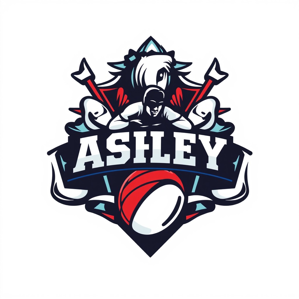 A detailed and striking logo design featuring the Ashley Rugby Club logo, reimagined in a dynamic and bold style that conveys strength and athleticism