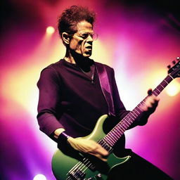 Jason Newsted, the former Metallica bassist, intently playing his bass guitar during a 90s concert, amidst pulsating light effects