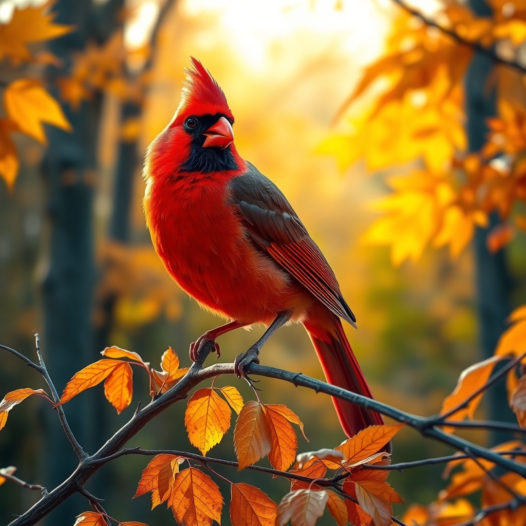 A majestic scene featuring a cardinal perched gracefully on a branch amidst a vibrant autumn landscape