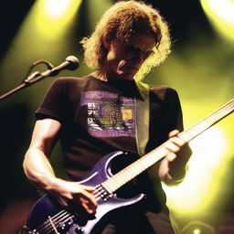 Jason Newsted, the former Metallica bassist, intently playing his bass guitar during a 90s concert, amidst pulsating light effects