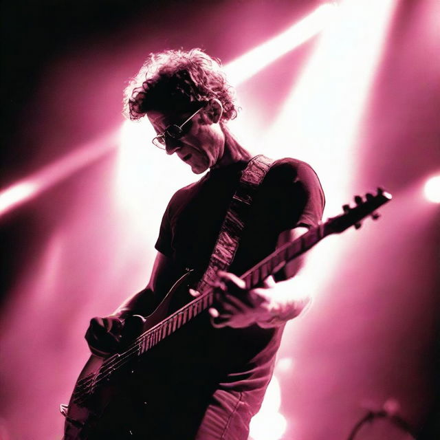 Jason Newsted, the former Metallica bassist, intently playing his bass guitar during a 90s concert, amidst pulsating light effects