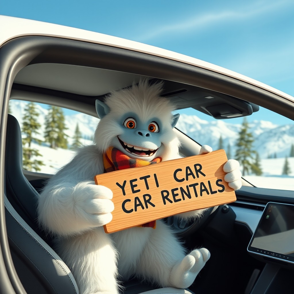 A cute yeti sitting inside a Tesla Cybertruck, smiling happily