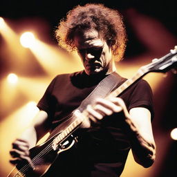 Jason Newsted, the former Metallica bassist, intently playing his bass guitar during a 90s concert, amidst pulsating light effects