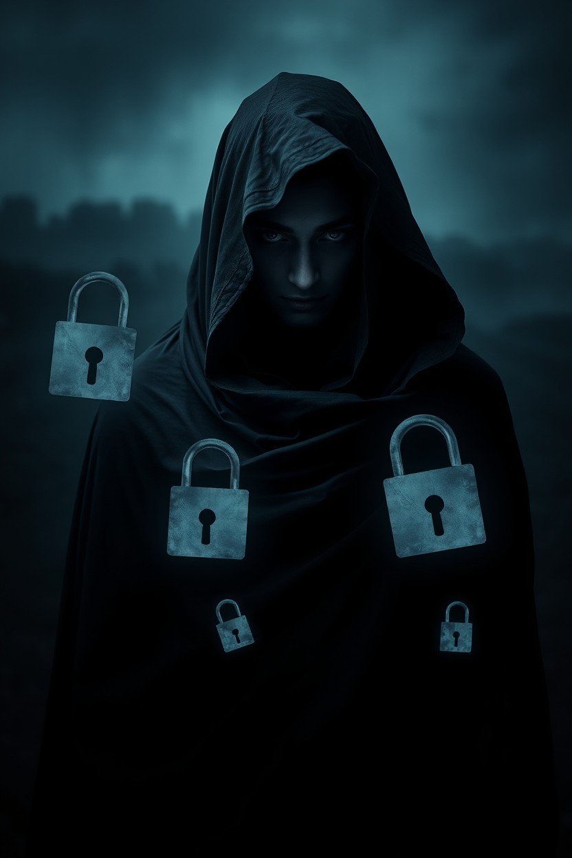 A mysterious figure surrounded by haunting shadows, symbolizing obsession and secrecy