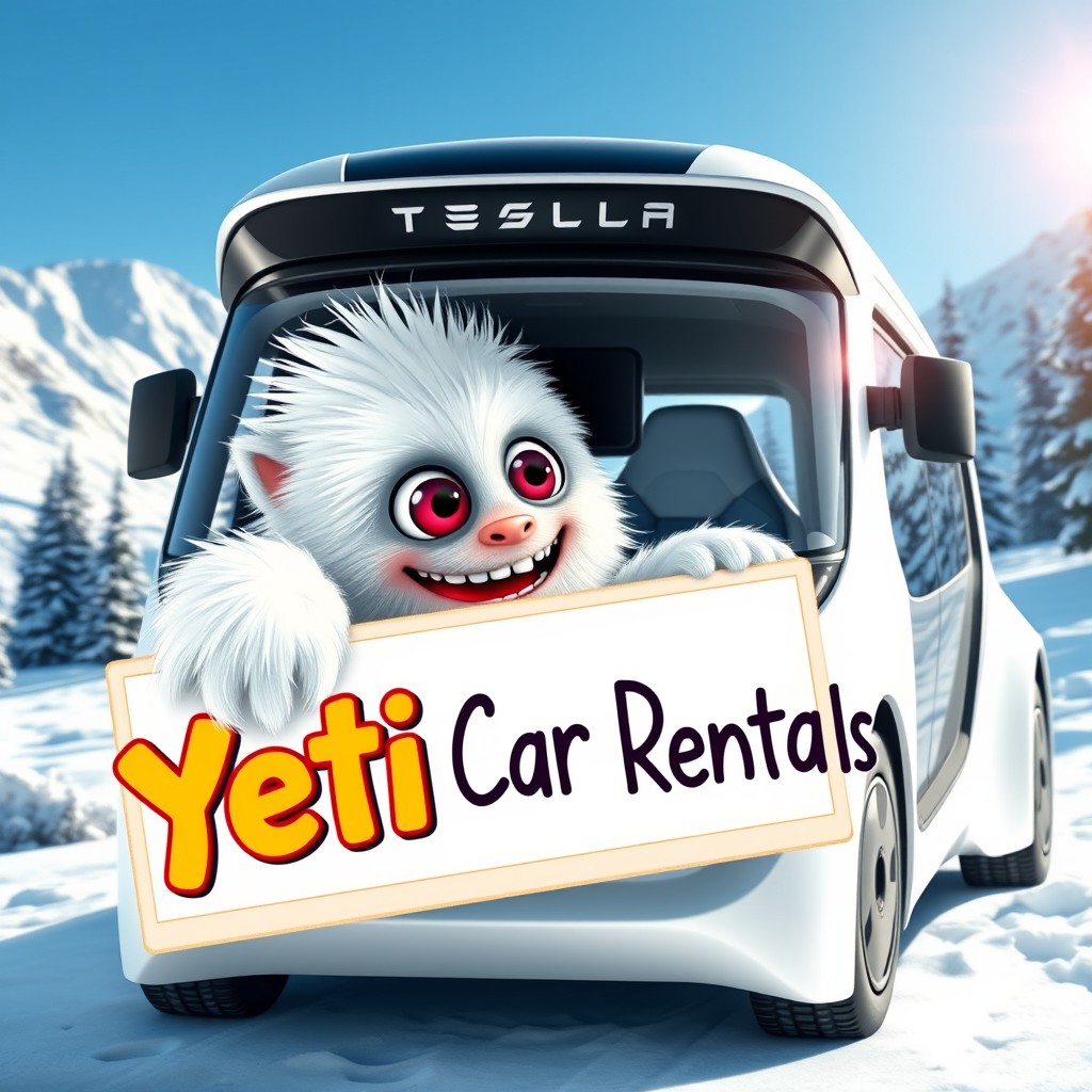 A cute Yeti character with fluffy white fur, large bright eyes, and a friendly smile, sitting inside a Tesla Cybertruck