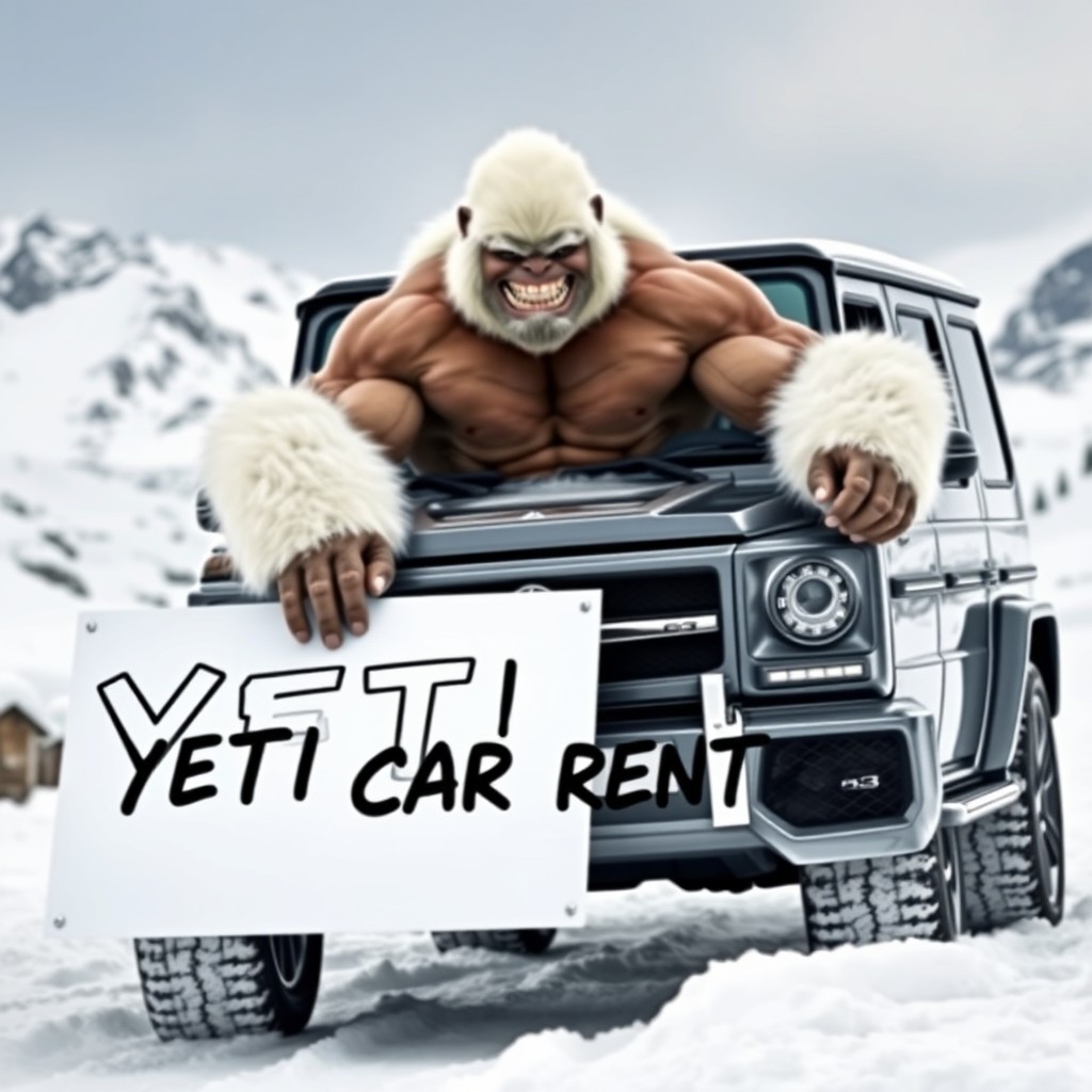 A muscular bodybuilder Yeti with a thick white fur coat, showcasing impressive muscles and an exuberant smile, confidently sitting in a luxurious Mercedes G63 SUV