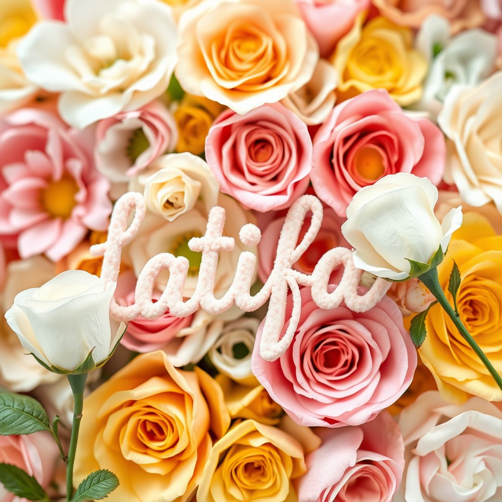 The name 'Latifah' beautifully written on a flower background made of soft pastel colors, accompanied by delicate white roses placed next to the name
