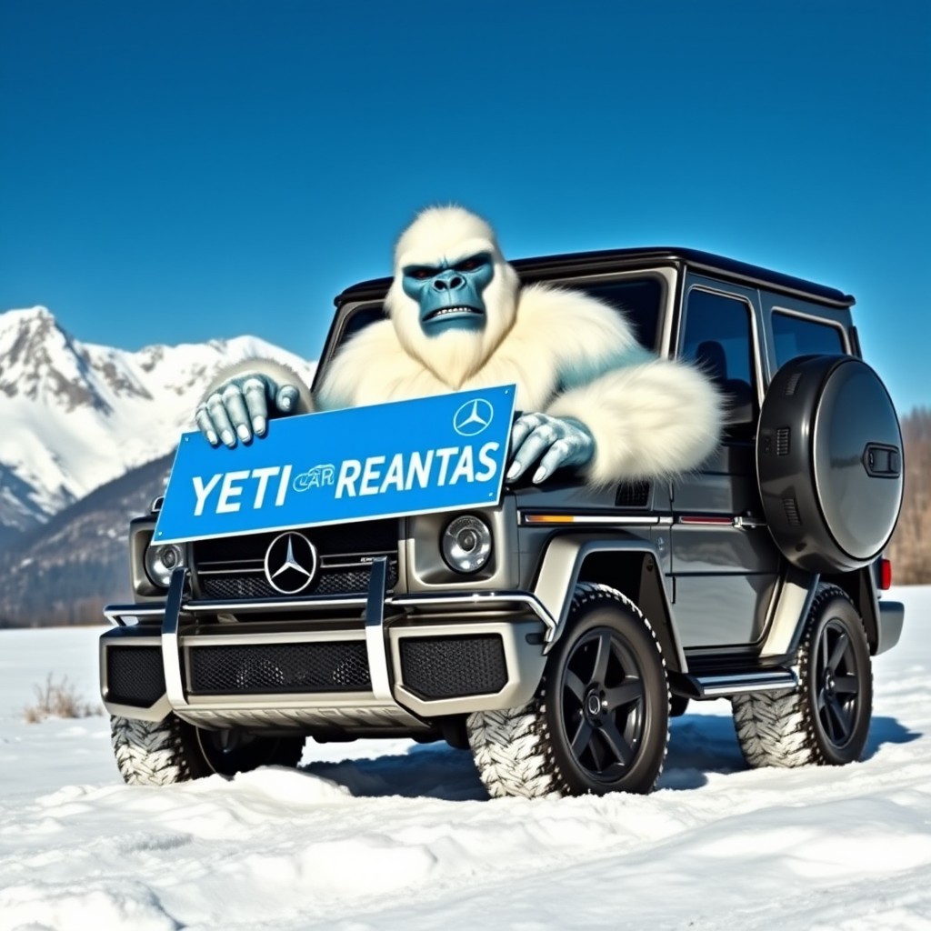 A bodybuilder Yeti with impressive muscular build, sitting in a luxurious Mercedes G63