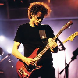 A young Jason Newsted, the former bassist for Metallica, in the 90s, strumming his bass guitar intensely during a concert