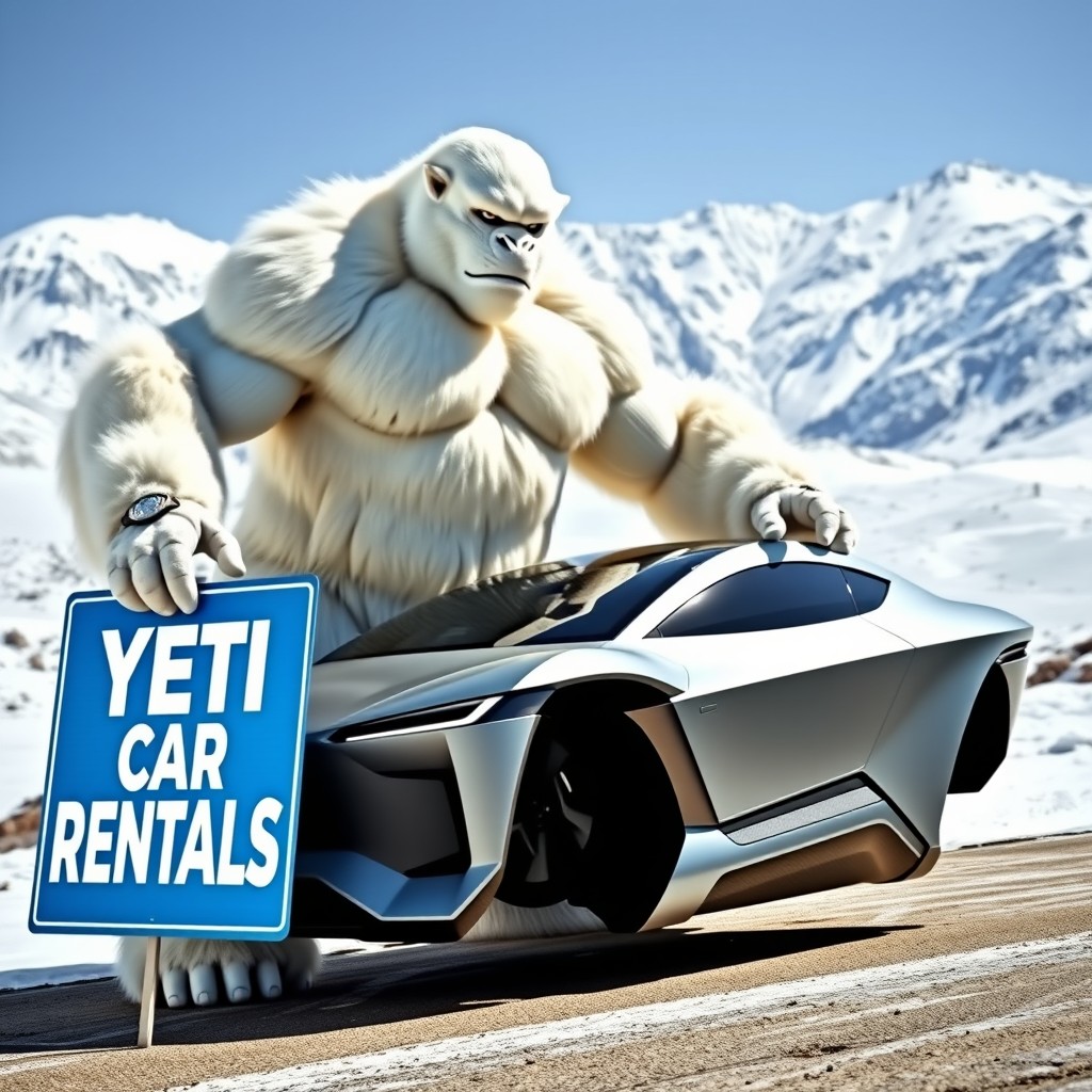 A powerful and muscular bodybuilder Yeti with white fur showcasing a strong physique, standing proudly next to a sleek and futuristic Tesla Cybertruck designed for sports