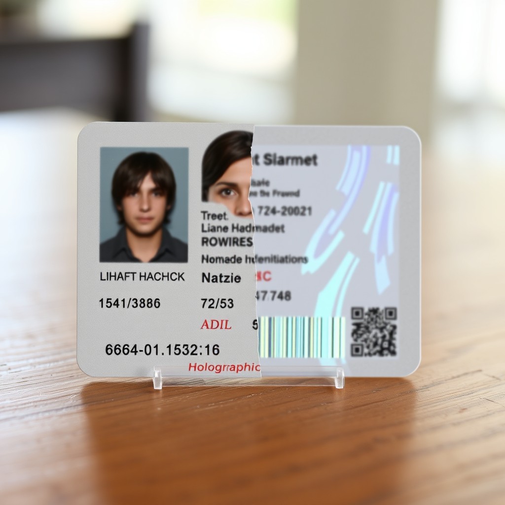 A realistic representation of a half-cut identification card displayed on a wooden table