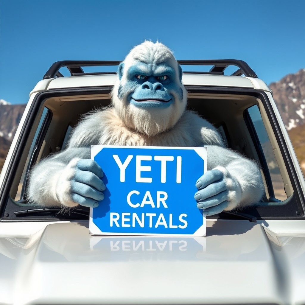 A muscular bodybuilder Yeti sitting confidently in the driver’s seat of a sleek 2021 LAND CRUISER