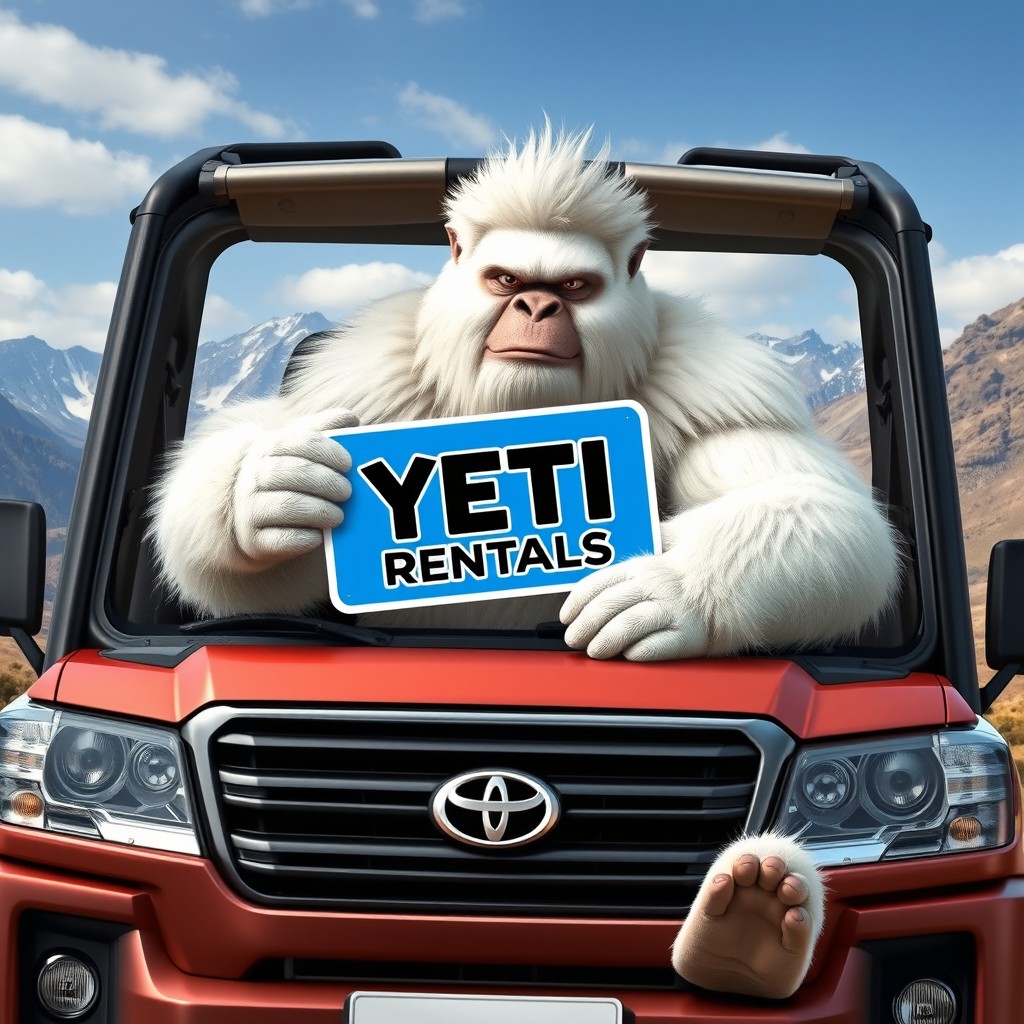 A muscular Yeti sitting confidently in the driver’s seat of a stylish 2021 LAND CRUISER