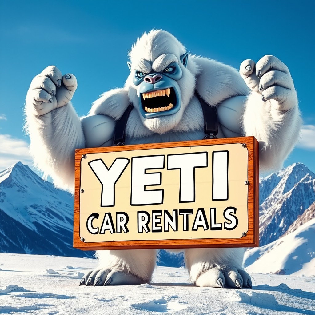 A powerful, muscular yeti towering over a snowy landscape, flexing its bulging biceps while proudly holding a large signboard that reads 'YETI CAR RENTALS' in bold, eye-catching letters