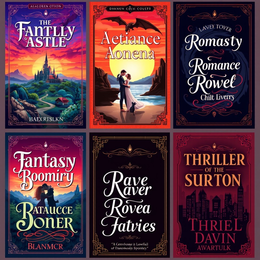 A collection of illustrated book covers featuring diverse genres, including fantasy, romance, and thriller
