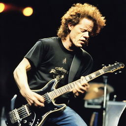 A young Jason Newsted, the former bassist for Metallica, in the 90s, strumming his bass guitar intensely during a concert