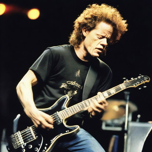 A young Jason Newsted, the former bassist for Metallica, in the 90s, strumming his bass guitar intensely during a concert