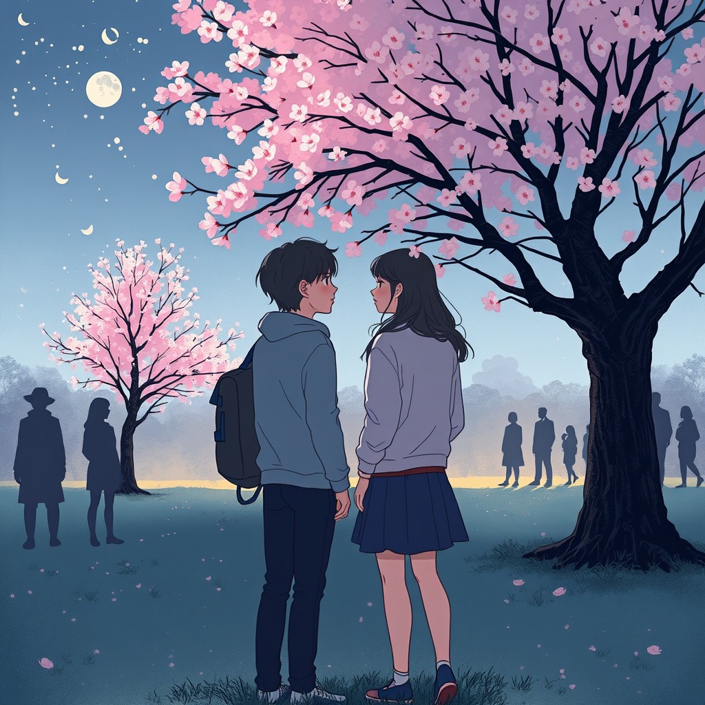 A poignant illustration depicting the theme of memories that linger in the heart, focusing on separation and distance between friends and unknown individuals