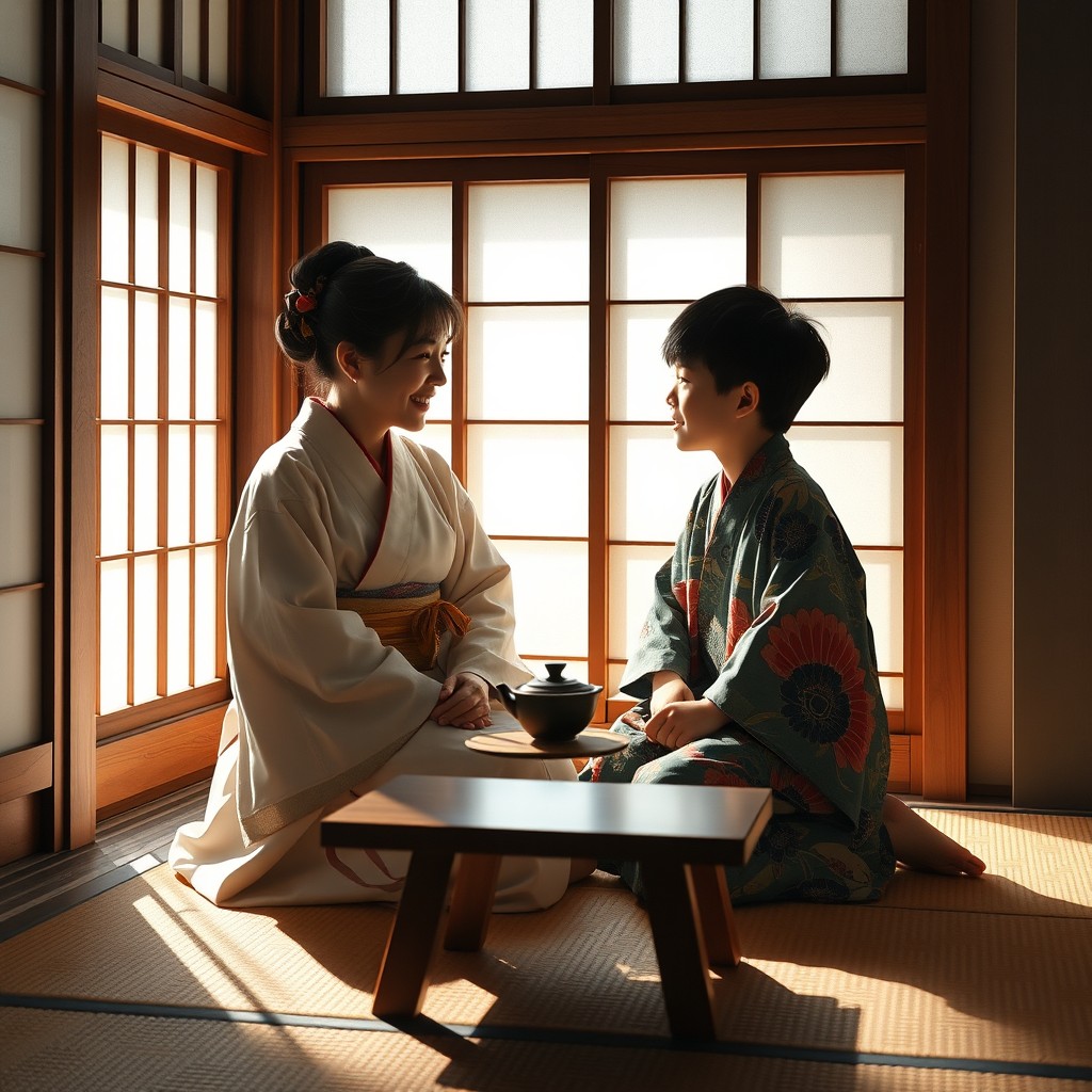 A serene and intimate setting showing a Japanese mother and her son enjoying a quiet moment together in a cozy, traditional Japanese room