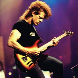 A young Jason Newsted, the former bassist for Metallica, in the 90s, strumming his bass guitar intensely during a concert