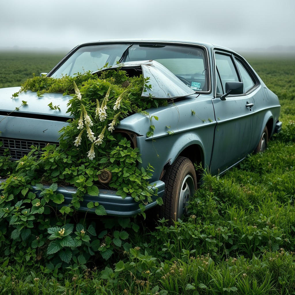 A grey Dena Plus Turbo car, heavily damaged and abandoned in a lush green field
