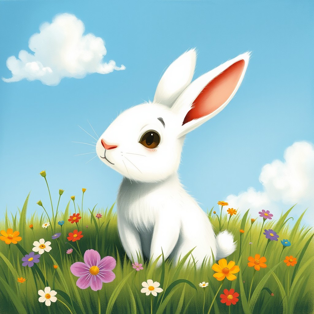 In the whimsical style of Jon Klassen, a charming scene features a small white rabbit with one ear perked up, intently listening to the sounds around it