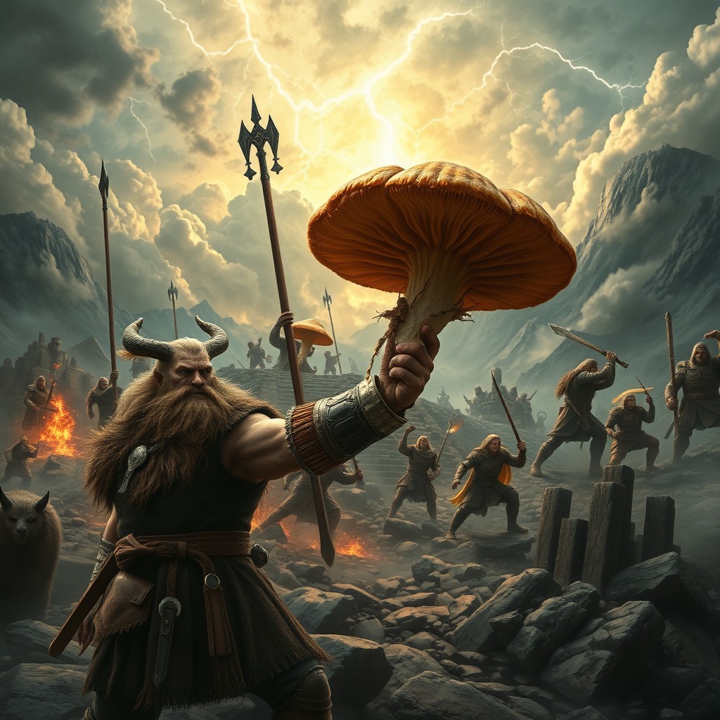 An epic scene depicting Ragnarok, filled with dramatic clouds and lightning in the sky, featuring powerful Norse warriors in battle, their fierce expressions showing determination