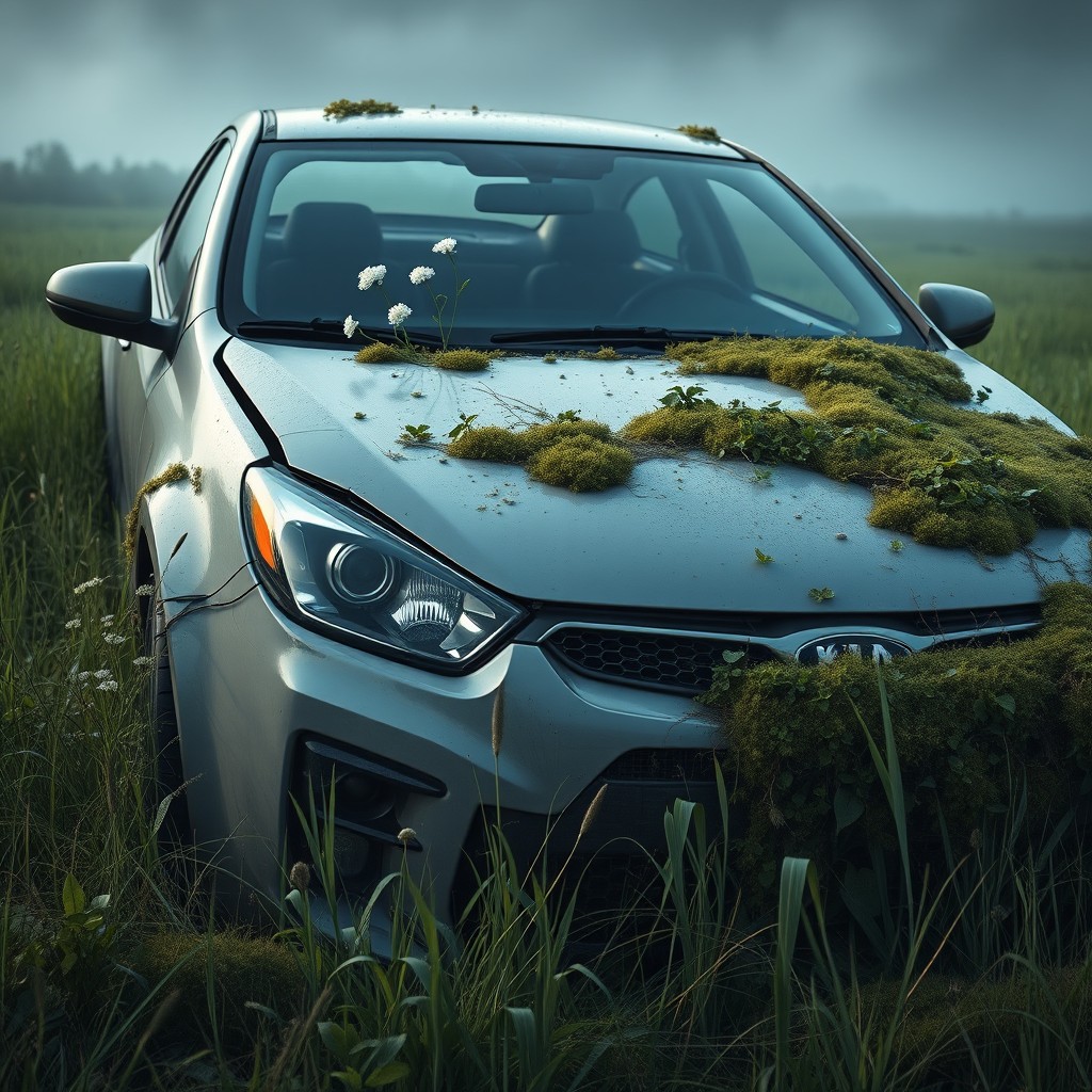 A heavily damaged grey Kia Cerato Koup, abandoned in a lush grassy field