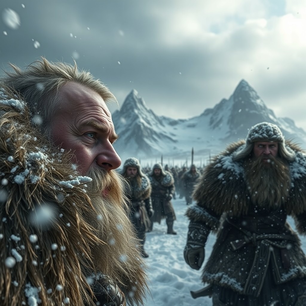 A striking scene set during Ragnarok in a cold, wintry landscape, featuring warriors in heavy fur armor battling amidst swirling snowstorms and icy winds