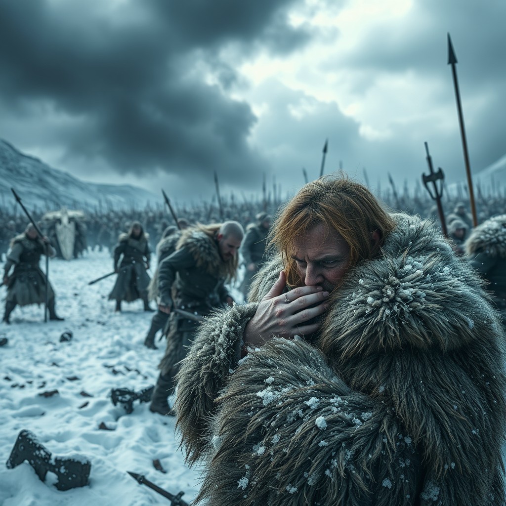 A dramatic scene of Ragnarok set in a harsh, cold environment with snow-covered landscapes and fierce winds