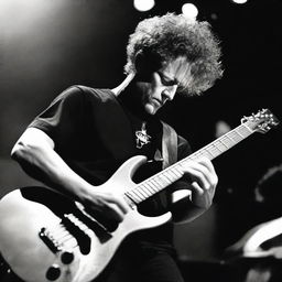 A young Jason Newsted, the former bassist for Metallica, in the 90s, strumming his bass guitar intensely during a concert