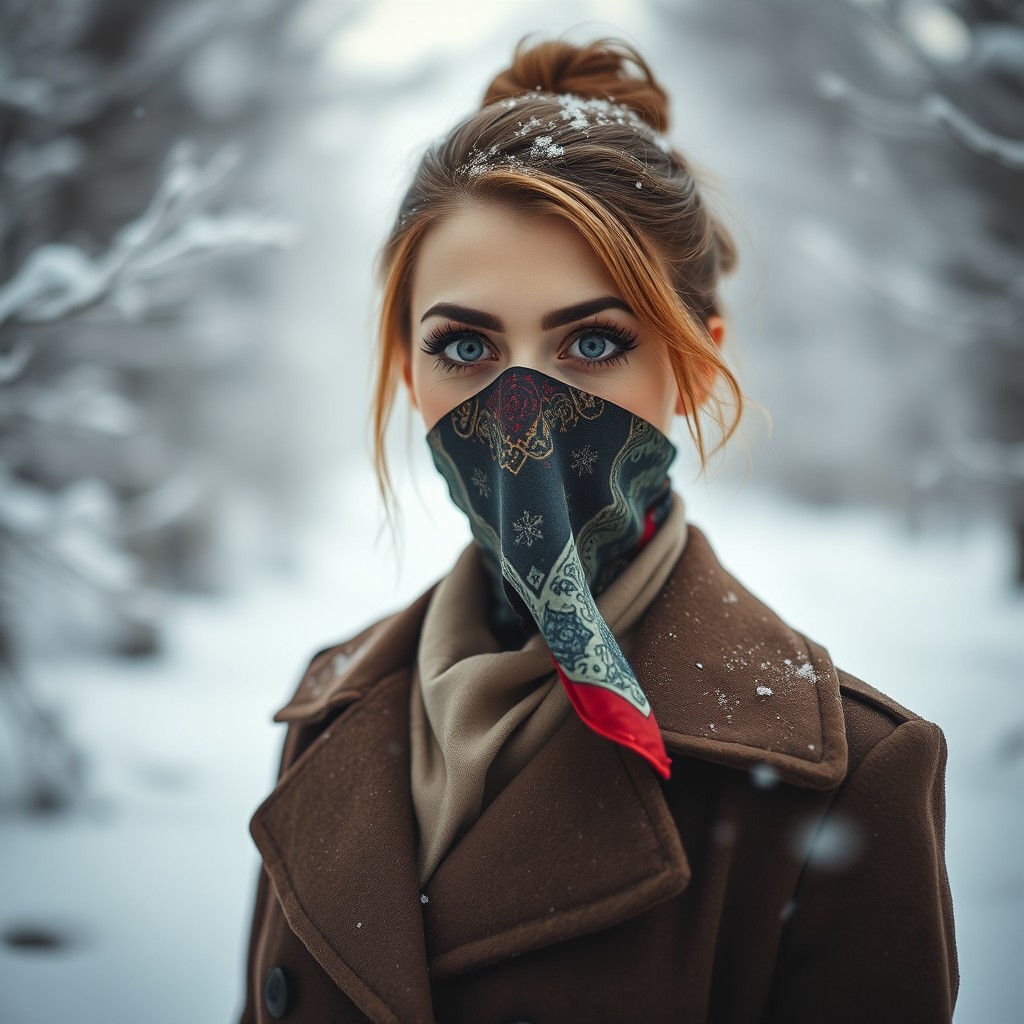 A beautiful, enigmatic woman standing in a cold, wintry landscape, with snow gently falling around her