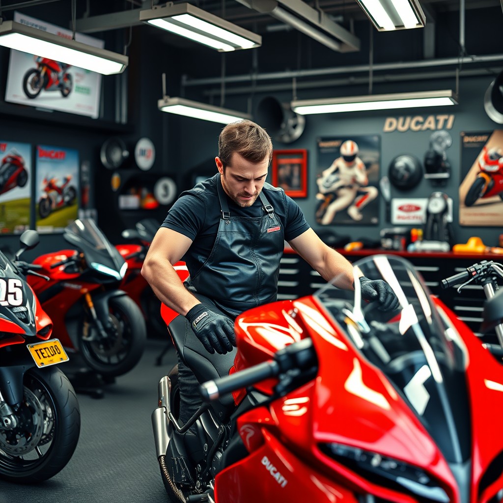 A Ducati master in a sleek, modern garage, adorned with various Ducati motorcycles and memorabilia