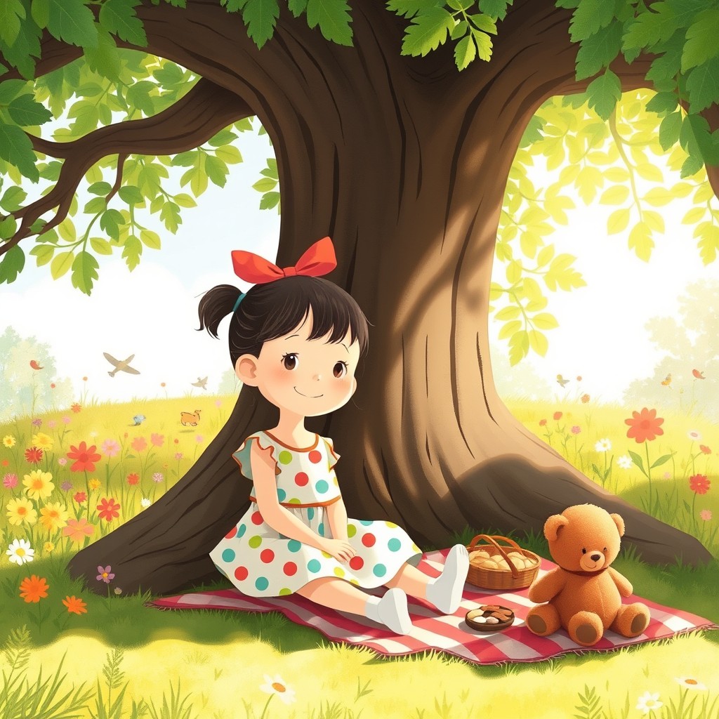 A cute little girl wearing colorful, adorable clothing sitting in the shade of a large tree, illustrated in the style of Jon Klassen