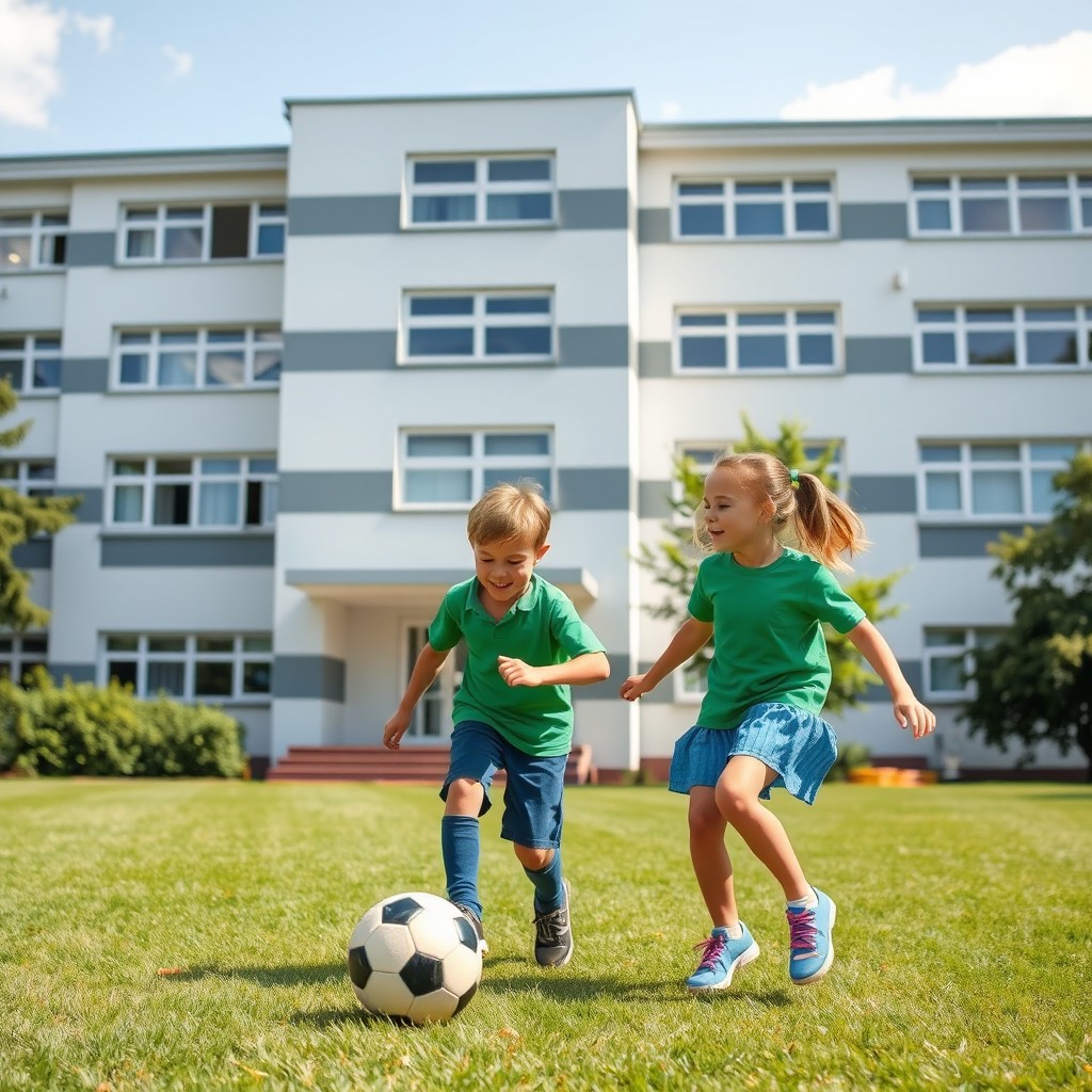A scene of a green-clad boy and a blue-clad girl playing football outdoors