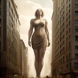 A colossal giantess navigating her way through a sprawling city, her towering figure looming over the buildings dramatically.