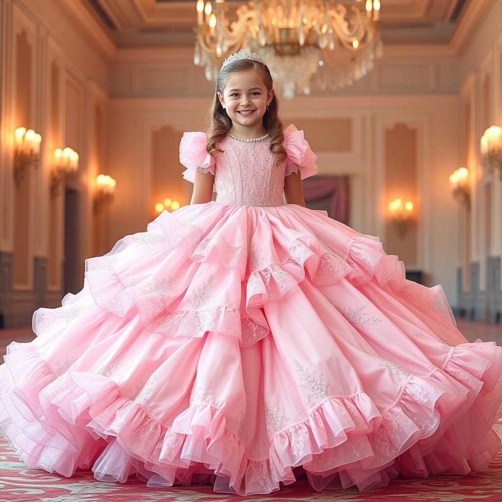 A beautifully dressed young girl, approximately 12 years old, wearing an extravagant, oversized pink ball gown that cascades dramatically to the floor