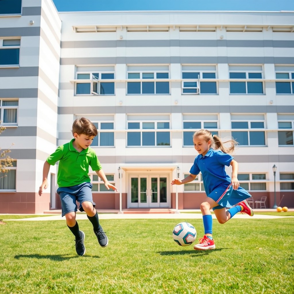 A green-uniformed boy and a blue-uniformed girl playing football in front of a 5-story white school building with gray stripes