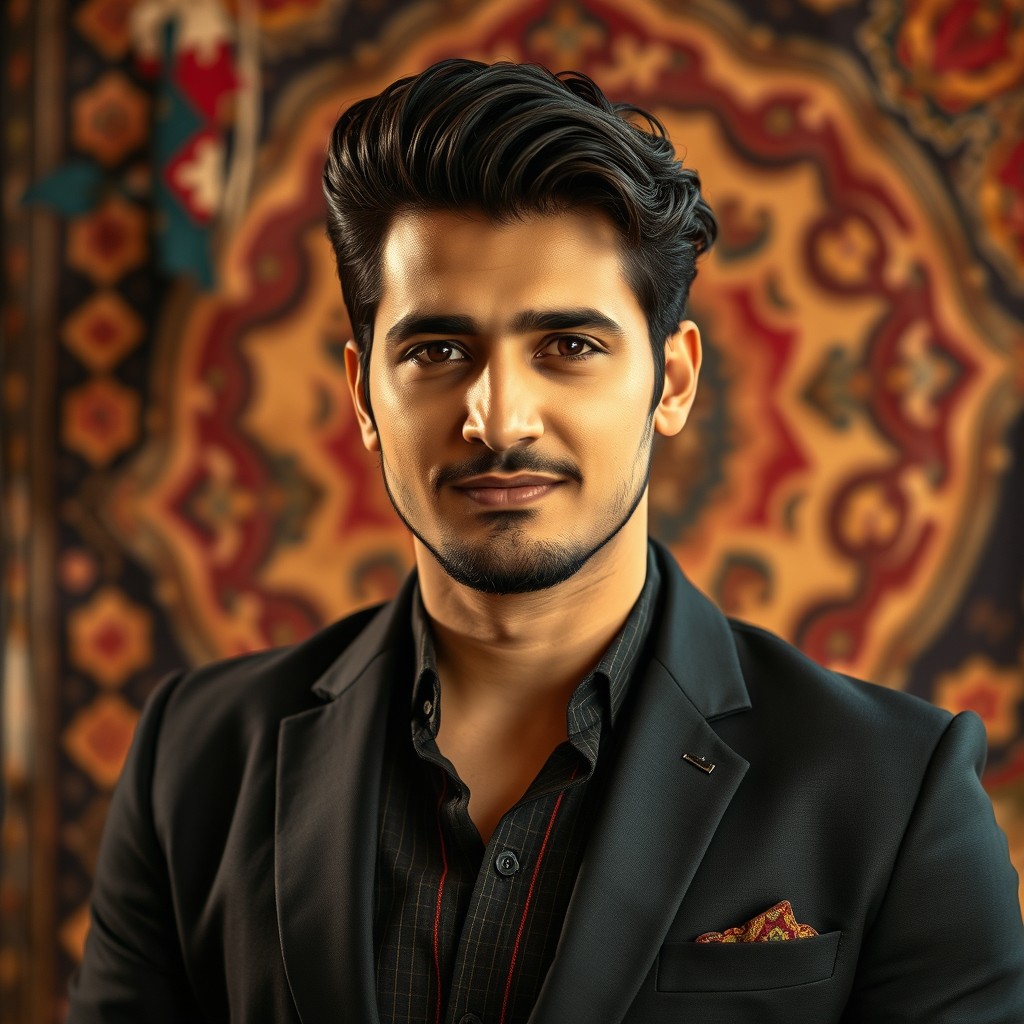 A striking portrait of Mahmood Hotak, a charismatic and stylish Afghan individual with a confident expression