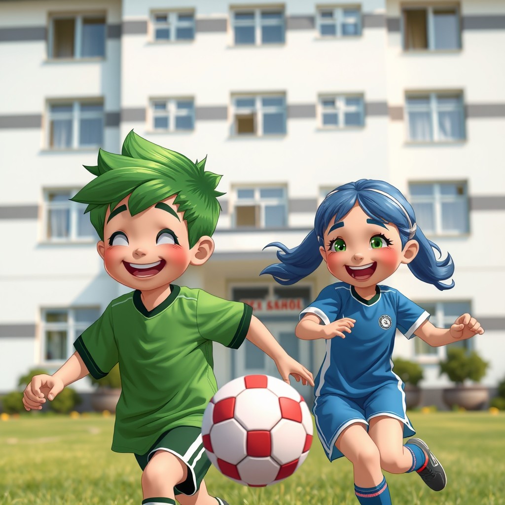 A scene depicting a boy with green hair in a green sports uniform and a girl with blue hair in a blue sports uniform, both joyfully playing football in the background of a five-story white school building with gray striped details